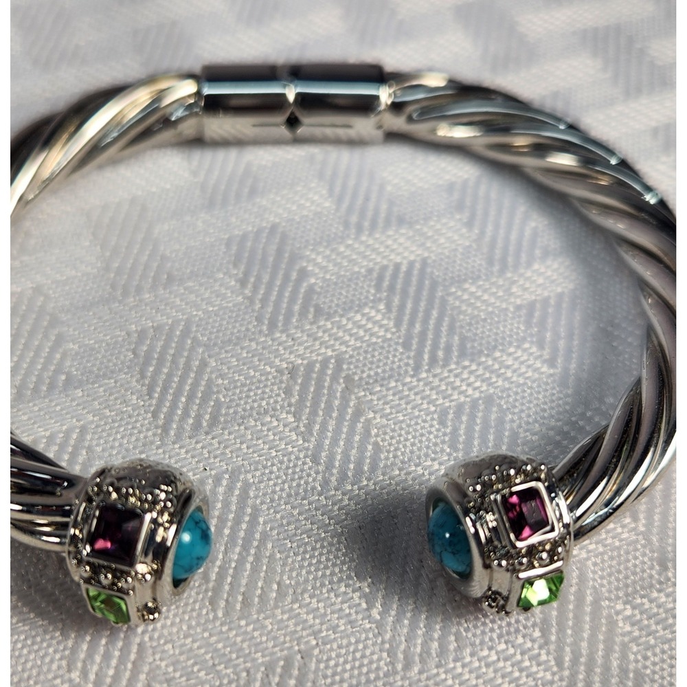 Twisted Cable Stainless Silver Tone Colorful Glass Gemstones Cuff Bracelet Vtg